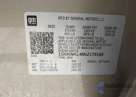 2022 GMC Acadia Fwd Sle из США, поврежденный, VIN 1GKKNKL46NZ179169